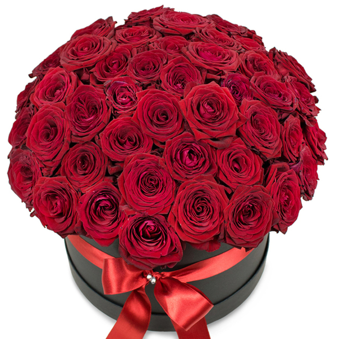 Dozens of premium, velvety red roses form a perfectly domed cluster in this luxurious hatbox arrangement, their rich crimson petals layered meticulously to create a lush, dimensional display. At Flowers Epping, local floral experts pay extraordinary attention to detail: each rose nestles snugly beside its neighbour, their tightly furled centres and unfurling outer petals catching the soft, natural daylight that bathes the scene. The arrangement is set within a tastefully understated round hat box in elegant matte black, whose minimalist lines provide striking contrast and let the vivid red of the blossoms truly shine. Encircling the hatbox is a wide, lustrous red satin ribbon tied in an immaculate bow at the front, its knot adorned with a cluster of sparkling crystals that lend a refined shimmer. Against the crisp white background, every detail is highlighted-the interplay of shadow and sheen, the plush texture of each bloom, and the sumptuous presentation. This creation is beloved for marking major milestones: proposals, anniversaries, milestone birthdays, or luxurious gestures that speak of deep affection, right here in Epping. More than just flowers, this arrangement embodies passion, artistry, and the joy of celebration as cherished by the local community.