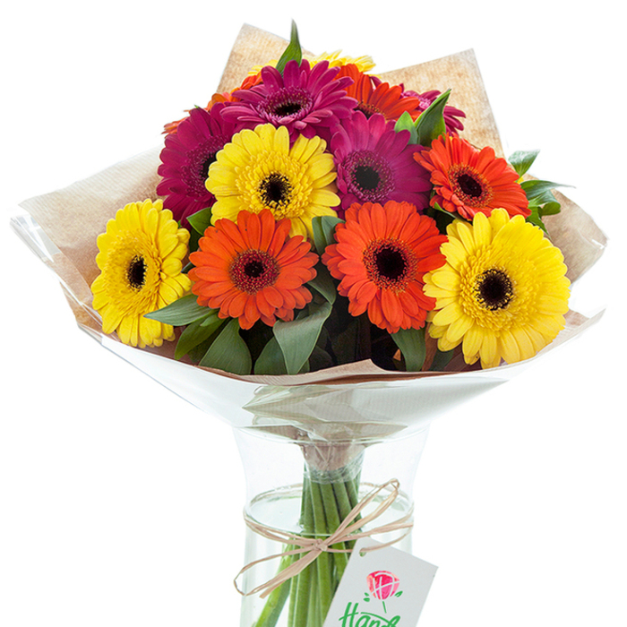 Prominently displayed in a crystal-clear glass vase, this effervescent bouquet of Gerbera daisies captures the nostalgic charm of Epping's vibrant seasons. With their large, showy faces, each daisy boasts petals awash in radiant yellow, fiery orange, and deep fuchsia, reminiscent of wildflowers glimpsed during an early morning walk through Epping Forest. The distinctive black-brown centres of the blooms create a dramatic visual interplay, drawing one into the intricate details only a professional local florist could achieve. Artful sprigs of lush green foliage weave through the flowers, imparting structure and a grounded natural feel, much like the rolling landscapes around Theydon Bois and the bustling Epping Market. The arrangement is lovingly encased in a double wrap: a softly crinkled layer of transparent cellophane for lasting shine, overlaid with tactile, light brown kraft paper that gives the bouquet an artisanal, homegrown touch. Resting in fresh water within the vase, the stems remain visible and pristine, bound by a simple strand of twine. From its knot dangles a delicate white tag bearing a red rose motif-a nod to local heritage and personal service. Whether presented for a birthday, heartfelt thanks, or simply as a reminder of nature's elegance, this bouquet is a radiant testament to the enduring skills of Epping florists. The play of colour, careful construction, and subtle references to the local area echo the warmth and personal connection that Flowers Epping brings to every arrangement delivered throughout the town.