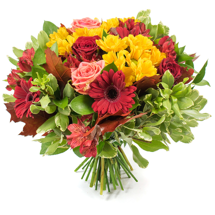 A lush, rounded hand-tied bouquet arranged to celebrate autumnal warmth, set against a bright white surface so every hue reads clearly. The arrangement centers on deep, velvety red roses and rich burgundy gerbera daisies whose broad, flat petals and darker centers form dramatic focal points. Interwoven throughout are clusters of small, bright yellow spray chrysanthemums that create a textured counterpoint, their many-petaled heads catching light and adding a joyful sparkle. Coral to peach-tinged roses are scattered through the composition to offer softness and subtle colour variation, while narrow, speckled alstroemeria in red-orange tones introduce delicate, star-shaped accents and visual movement. A generous assortment of foliage-glossy dark leaves, lighter green and slightly variegated sprigs-frames the flowers and provides depth. Crucially, several large reddish-brown and bronze autumn leaves with lobed edges are placed among the blooms to evoke oak and maple, reinforcing the seasonal story with a rustic, woodland note. The stems are visible and neatly gathered at the base, showing a classic hand-tied construction that sits well on a dining table or mantel. Bathed in gentle daylight, the petals appear almost tactile, inviting touch; the bouquet reads as both celebratory and comforting, perfect for a harvest dinner, Thanksgiving gathering, or as a thoughtful delivery to neighbours around Epping Market Square or patrons returning from a walk through Epping Forest seeking a bit of autumnal cheer.