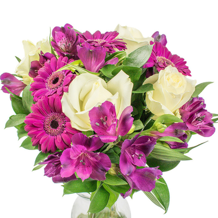 A professionally arranged, lush round bouquet is photographed against a bright white backdrop, the composition radiating colour and texture with a confident, hand-crafted rhythm. Several creamy white roses take centre stage, their tight, layered petals unfurling in soft spirals that read as timelessly elegant and quietly fragrant. Counterbalancing their serenity are at least three deep magenta Gerbera daisies whose vibrant, fuchsia-leaning petals and darker central discs provide a playful, upbeat focal point. Interlaced throughout are abundant clusters of purple and fuchsia Alstroemeria (Peruvian lilies), their trumpet-shaped blooms punctuated with delicate speckling that adds a painterly intricacy to the surface of the bouquet. Rich, dark green foliage-varied in shape from broad, glossy leaves to narrow, arching blades-frames the flowers and gives the arrangement a generous, sculpted fullness. A clear glass vase peeks into view at the base, catching soft highlights that suggest clean studio lighting while anchoring the stems with subtle sophistication. As a florist who knows Epping's neighbourhoods and markets, I imagine this design brightening a window sill on Epping High Street or arriving as a thoughtful centrepiece for a family gathering near the edge of Epping Forest. Crafted with attention to balance and seasonality, this bouquet from Flowers Epping conveys celebration, appreciation, or gentle sympathy; it feels both modern and heartfelt, ideal for gifting, adorning a home, or marking a special moment with fresh, tactile beauty.