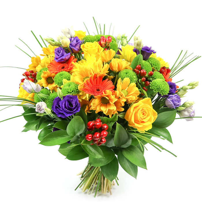 This lush, circular bouquet is presented against a bright white background, allowing every petal and leaf to stand out with clarity, as if you were viewing it on the counter of a friendly local florist just off Epping High Street. The arrangement is dense and full, with no gaps, giving a sense of generosity and abundance that fits celebrations, thank-you gifts, or a cheerful thinking-of-you delivery across Epping and the surrounding lanes. Dominating the palette are the yellows: classic yellow roses with tightly formed, spiralled centres and plush outer petals sit amongst a profusion of yellow chrysanthemums and daisy-like blooms, their many small petals forming radiant discs of sunshine. Woven through this golden heart are fiery orange gerbera daisies, their broad petals fanning out around dark centres, alongside smaller orange daisies that echo the same warmth in a lighter, playful way. Deep violet and purple lisianthus provide a luxurious contrast, some blooms open to reveal layered, rose-like forms, others still closed, adding dynamic depth and a sense of unfolding. Bright lime-green button chrysanthemums are scattered like tiny pom-poms, adding a crisp, modern texture that refreshes the eye. Between the flowers, clusters of glossy red hypericum berries glisten, bringing a seasonal, almost festive character, ideal for marking milestones or brightening homes near Epping Forest or Coopersale. Fine, arching blades of ornamental grass emerge from the top of the bouquet, introducing vertical movement and a light, airy feel, while a strong collar of broad, dark green foliage, likely Ruscus, frames the entire design and emphasises its rounded shape. The stems are gathered and tied neatly, confirming this is a fresh-cut, hand-crafted bouquet ready to bring colour and happiness into any Epping home.