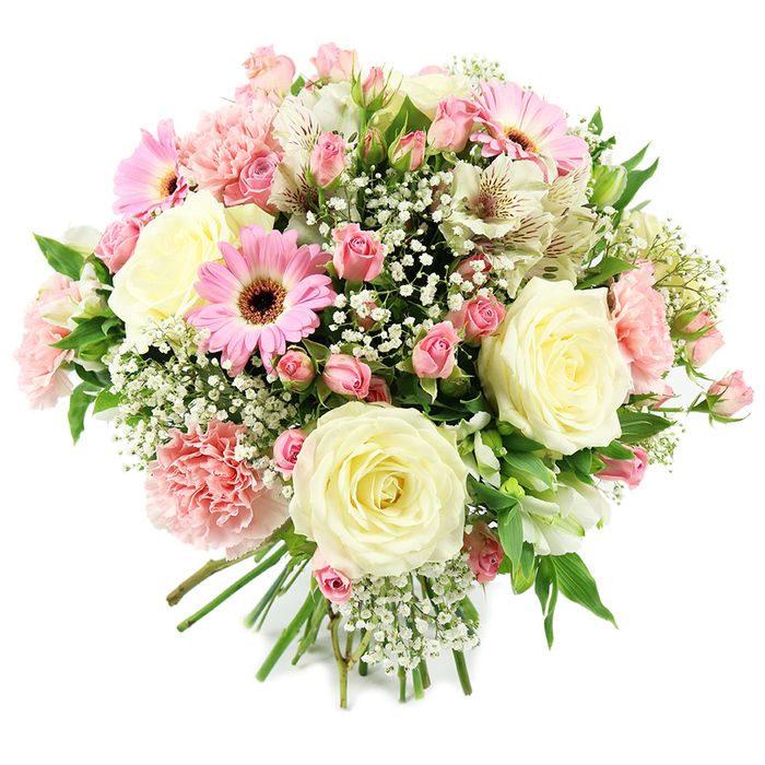 A lush, domed bouquet of mixed flowers is captured against a bright white backdrop, making every soft pastel nuance and textured petal stand out with clarity. The arrangement is dominated by several large cream roses, fully opened so their centres reveal a perfect spiral of velvety petals, each bloom acting as an anchor point for the surrounding flowers. Threaded between these are clusters of pink spray roses, some in tight bud and others just beginning to unfurl, offering a varied tapestry of shapes and tones that bring a sense of gentle movement. Stronger hits of colour appear in the form of pink gerbera daisies, their broad, symmetrical petals and dark centres creating cheerful focal points that recall a sunny stroll through Epping's local shops and flower stalls. Soft, ruffled pink carnations swell the volume of the bouquet, each frill catching the light to give the arrangement a plush, cushioned appearance. White alstroemeria blooms sit lightly amongst the pinks and creams, their petals delicately streaked with reddish-brown markings that introduce an intricate, almost hand-painted detail. Throughout the bouquet, countless tiny florets of white baby's breath form a hazy veil, filling spaces between larger flowers and adding a dreamy, cloud-like softness. Fresh green foliage emerges here and there, introducing contrast and framing the pastel blossoms with a sense of natural vitality, much like the greenery that surrounds Epping Forest. The stems at the base are neatly aligned and securely tied, revealing expert hand-tied technique and ensuring the bouquet looks beautiful from every angle. This arrangement radiates warmth and tenderness, perfectly suited to celebrations in Epping-whether marking an anniversary dinner, a Mother's Day breakfast tray, or a thoughtful delivery to lift the spirits of a loved one on a quiet residential street.