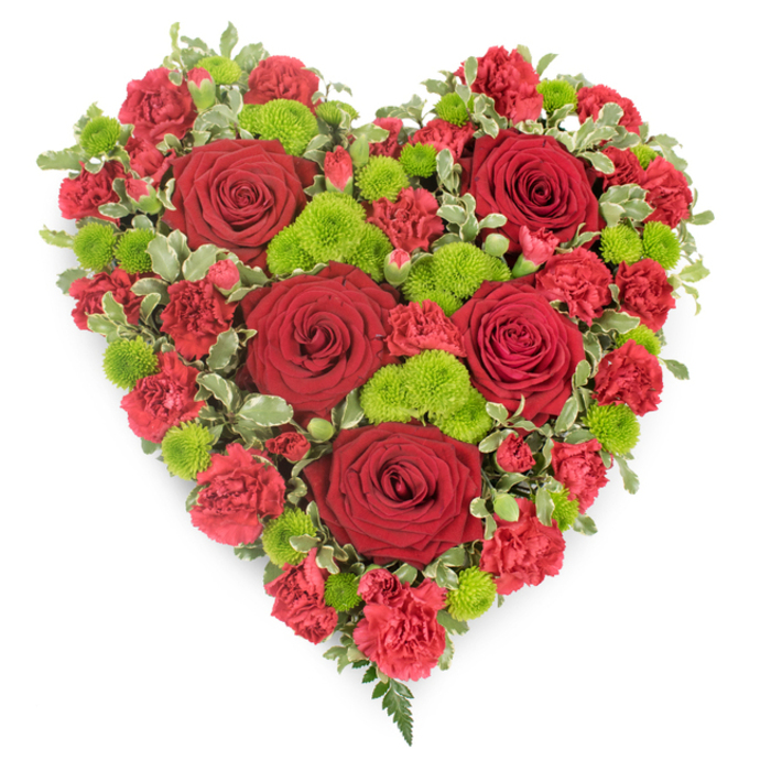 A meticulously arranged heart-shaped floral tribute is set against a crisp white background, allowing every petal and leaf to stand out in vivid detail. The heart is completely filled with deep red and bright green blooms, giving it a lush, full appearance with no gaps. Dominating the design are several large, velvety red roses, placed evenly across the heart so that each one becomes a strong focal point. Their petals are tightly layered at the centre, gradually curling outwards in perfect spirals that suggest both classic romance and dignified remembrance. Surrounding and weaving between the roses are numerous red mini carnations, packed closely together so that their ruffled petals form a rich, textured field of scarlet. Interspersed among the reds are clusters of lime-green button chrysanthemums, their compact, globular flower heads providing a lively burst of colour and a crisp contrast to the darker tones. Along the edges and peeking between blooms, you can see small sprigs of variegated foliage with green centres and creamy white borders, likely pittosporum, which gently outline the heart and add a touch of natural lightness. At the very tip of the heart, a few fine fern-like fronds extend downward, adding movement and a slightly softer, garden-like feel. The composition is symmetrical and precise, conveying care, respect, and heartfelt emotion. It's the kind of design a local Epping florist would thoughtfully prepare for a funeral, memorial, or anniversary, perhaps delivered to a family home near the High Street or to a quiet service after a walk through Epping Forest. The rich red and fresh green palette together create an image of enduring love, honour, and comforting remembrance.