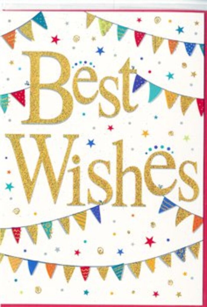 The image presents a cheerful Best Wishes card whose design balances elegance with the carefree spirit of a local celebration in Epping. The card itself is a clean rectangle of bright white, the smooth surface acting as a calm backdrop for the vivid decoration. In the middle, the phrase Best Wishes is written in sweeping gold cursive, the letters slightly thickened so they appear embossed, almost like liquid metal settled into graceful curves. This gold script catches imagined light, just as a shop display in an Epping florist might glint when the sun pours through the front windows on a clear morning. Surrounding the central words, two broad arcs of bunting stretch from edge to edge, one near the top and one closer to the bottom. These bunting strings are composed of small triangular flags, each one a different burst of colour-deep blues, bright reds, lime greens, golden yellows, and rich purples-some filled with tiny dots, others with stripes or mosaic-style patterns that resemble fabric from a village fair. The arrangement of colours feels deliberate yet relaxed, echoing the charm of community events near Epping Forest or along the High Street. Between and around the bunting, a sprinkle of stars and confetti dots floats across the white space. The stars mirror the warmth of the golden lettering, while the dots introduce additional pops of colour, creating the illusion that they are gently falling through the air, like confetti thrown at a celebratory gathering outside St John's. The overall composition feels buoyant, friendly, and full of promise, ideal for pairing with flowers to mark a promotion, engagement, or fresh start. Though simple, the card radiates sincere encouragement and happy anticipation.
