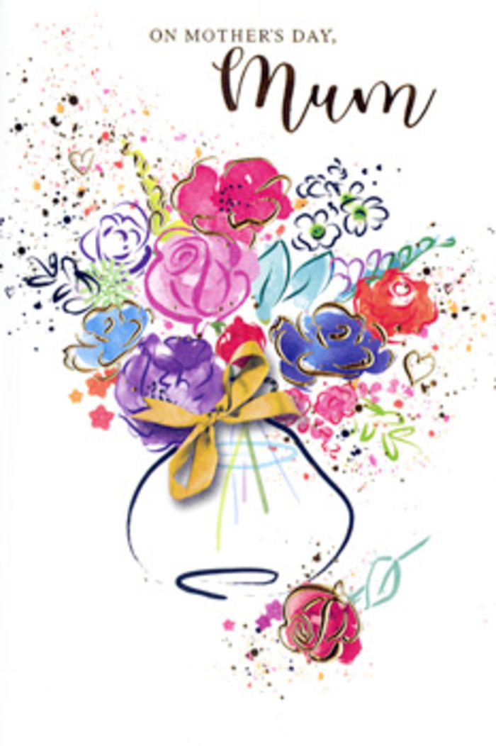 This exuberant painted bouquet reads like a spontaneous sketch brought into warm focus: dabs of hot pink, cerise and apricot mingle with deep indigo outlines and bright chartreuse accents that suggest lively foliage. Each bloom is given room to express itself-lavender and sky-blue notes cool the composition while richer purples and reds pulse toward the center-so the overall effect is a conversation of colour and feeling. Golden highlights trace petal rims and leaf veins, lending the image an inner glow as if lit by late-morning sun filtering through trees in Epping Forest. The vase, gently suggested rather than rigidly defined, is wrapped with a slender ribbon topped by a neat gold bow, a small formal touch anchoring the otherwise free-flowing pigment. Playful flecks and heart-shaped marks drift around the arrangement like confetti, amplifying the joyful, celebratory mood appropriate for a card meant to honour a mother. The watercolour textures-soft edges, lifted pigment, and delicate blooms of colour-give the scene a tactile quality you can almost touch, like the softness of petal edges between fingertips. Compositionally, the piece balances spontaneity with considered placement, much like a florist's practiced hand arranging stems after a market run down Epping High Street. This image feels like an heirloom sketch, a keepsake that captures the warmth, diversity and unconditional affection celebrated on Mother's Day, and it conveys the sensory memory of a bouquet without relying on scent.