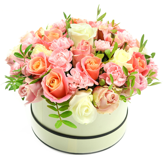 A refined, expertly arranged flower box in pale cream sits centered on a white field, its clean, matte sides circled by two thin dark bands that lend a graphic, contemporary edge to a classic hatbox profile. Overflowing from the opening is a rounded, tightly clustered arrangement of fresh roses and carnations whose colour story moves from warm coral-peach and soft apricot at the cores through gentle blush pinks to creamy ivory on outer petals. The roses-some fully open, others in promising bud-showcase velvety texture and layered form, while the smaller, frilly baby-pink carnations create delicate ruffles that enrich the bouquet's tactile depth. Here and there, slim sprigs of vivid green foliage emerge, their elongated leaves offering a crisp, lively contrast and helping to define the dome's silhouette. The whole composition is presented in soft daylight that highlights petal sheen and shadow, communicating freshness, careful conditioning, and floral craftsmanship. Intended as a premium gift, this arrangement conveys romance, appreciation, or quiet celebration-suitable for occasions from Mother's Day to an anniversary-and is the sort of work we prepare for local delivery across Epping, along St John's Road and the High Street, or to houses near the edge of Epping Forest. Created and selected with the same attention you'd expect from Flowers Epping, it balances sophistication with a warm, hometown sensibility.