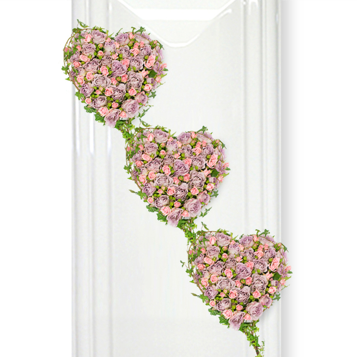 Displayed against a luminous white backdrop, three heart-shaped floral tributes cascade diagonally, each one artfully composed of miniature roses in a harmonious blend of dusty lavender, soft mauve, and delicate pastel pink. The hearts appear almost to float, beginning near the top left of the image and drifting down towards the lower right, connected by looping strands of fresh green ivy that wrap and curl around their edges. The roses are tightly massed, with small to medium blooms pressed close together so that their layered petals create a thick, velvety surface, suggesting both abundance and care. Subtle variations in tone-from cool lilac undertones in some blossoms to warmer, blush-pink highlights in others-give the hearts a sense of depth and quiet movement, as though each petal contributes its own whisper of remembrance. The ivy, with its glossy leaves and sinuous stems, weaves between the hearts to form a living framework, echoing the gentle curves of country lanes or woodland paths leading out towards Epping Forest. Soft, diffused light falls evenly across the arrangement, illuminating every rose and leaf without harsh shadow, while faint, translucent vertical lines in the background hint at glass or polished panelling, adding a touch of modern elegance. The overall composition feels calm, dignified, and deeply tender, making it an ideal floral tribute for funerals, memorials, or cremation services in Epping. Here, the three hearts can symbolise parents and child, past, present, and future, or simply three intertwined stories of a life well loved, expressed through flowers with quiet grace.