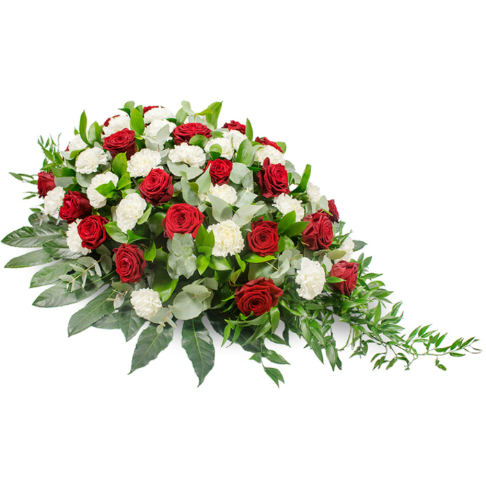 Set against a pure white backdrop that highlights every contour, this substantial sympathy arrangement is designed as a horizontal spray, likely intended for a casket or as a central memorial tribute. The spray begins with a full, mounded mass of flowers on the left, then tapers gently to a graceful point on the right, giving the impression of a floral sigh or a quiet bow. Deep crimson red roses are scattered throughout the length of the piece, their tightly furled petals deep and velvety, symbolising profound love, grief, and respect. Between and around them, countless white carnations unfold in soft ruffles, each bloom dense with petals that catch the light, creating a cushion of brightness against the darker tones. The foliage is plentiful and thoughtfully layered: a base of broad, dark green leaves provides structure and a glossy sheen, while sprigs of silvery eucalyptus extend upward and outward, their muted, dusty green offering both visual contrast and a sense of calm. At the right-hand end, more delicate strands of lighter green, likely ruscus or a similar feathery leaf, trail and cascade, softening the tapered edge and adding a natural, slightly wild grace, as if the flowers have grown into their final shape rather than been imposed upon it. The colour harmony of rich red, pure white, and varied greens conveys a timeless, traditional funeral aesthetic, fitting for services held around Epping's churches and chapels. This is the kind of carefully composed floral tribute a local family might choose to mark a life with quiet honour, offering a focal point for reflection and shared memories.