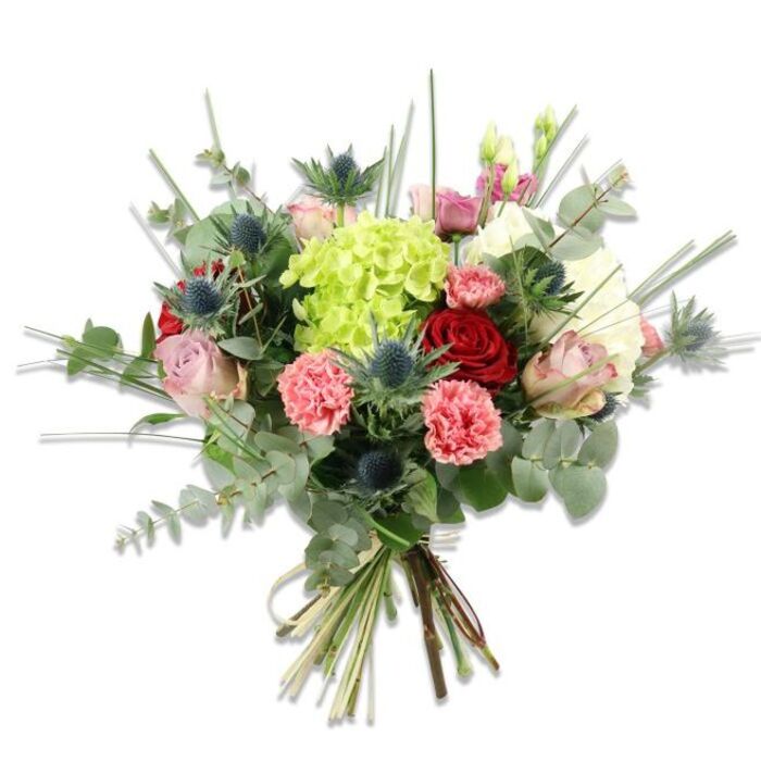 An artfully gathered, hand-tied bouquet sits against a clean white background, every bloom and leaf rendered with crisp clarity: the arrangement centres on a lush cluster of lime-green hydrangea, its dense, cloud-like mass of tiny florets creating soft volume. Encircling this are sprayings of soft blush and cream roses, their petals unfurling with a delicate, romantic quality, alongside several deep red roses whose velvety tones bring classic depth and passion. Ruffled coral-pink carnations add spirited texture and a cheerful warmth, while metallic blue-grey Eryngium thistles (sea holly) introduce a refined, slightly wild architectural element with spiky, star-shaped heads. The bouquet is generously underpinned by foliage - silvery eucalyptus lends a cool, aromatic backdrop and contemporary shape, while long, narrow grasses and slim filler stems add height, movement and a luminous sense of air. The stems are neatly gathered and tied with natural fibre, the green cut stems visible at the base and speaking to careful florist craftsmanship. As a local florist in Epping, Flowers Epping often composes this kind of mixed bouquet for customers collecting after a visit to the High Street or for same-day delivery across town; picture it brightening a windowsill after a morning at the market or as a thoughtful gift arriving at a home near Epping Forest. The overall impression is one of considered contrast - soft, romantic blooms balanced by cool, architectural accents - evoking joy, appreciation and natural beauty in equal measure.