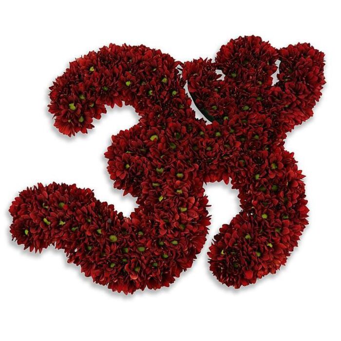 A substantial, elegantly crafted number '33' composed of countless small, deep burgundy chrysanthemums arranged as a single, dense floral sculpture. Each numeral - both the two sinuous '3's - is built from tightly grouped button blooms whose petals form a plush, velvet-like surface; tiny green centres punctuate the red mass, catching the eye and adding a fresh, organic contrast against the dark petals. The flowers are so closely packed that the digits take on a soft, tactile volume, appearing almost cushioned, with subtle tonal shifts where petals overlap and form gentle shadowed scallops. The piece is photographed against a clean white backdrop that makes the crimson sing and casts a diffused gray shadow beneath, creating the impression that the numbers float slightly above the surface. As a local florist in Epping I often arrange similar sculptural tributes in our workshop near the High Street and the old market square - small details like the green centres and the close-set heads are chosen to ensure the numeral reads clearly from a distance while rewarding close viewing with texture and craft. This number 33 can mark birthdays, anniversaries, a sporting jersey, or a memorial commemoration; it conveys celebration and solemnity in equal measure. For clients in the Epping area who want a bespoke, meaningful floral numeral, this style demonstrates how careful selection and densest packing of chrysanthemums translate into a lasting, elegant visual statement crafted with local knowledge and florist skill. Flowers Epping prepares such pieces with attention to proportion, scent, and seasonal freshness.