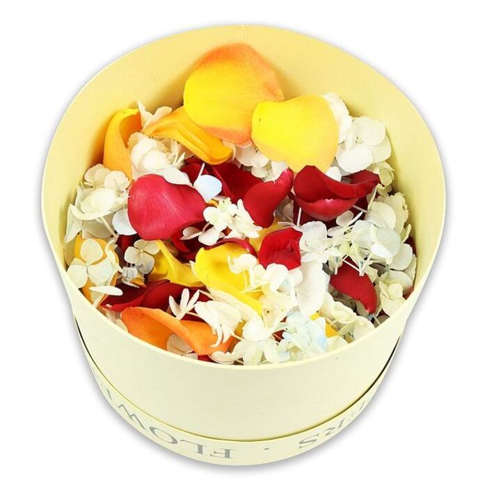 In this thoughtfully composed image, a round, light cream hatbox sits centred on a brilliant white surface, filled to the brim with an exquisite mix of dried flower petals and tiny blossoms. The box has a soft, matte finish with the word FLOWERS delicately picked out around the upper edge, giving it the look of a refined gift one might order from a specialist florist serving Epping and the surrounding villages. Above the rim, the petals rise in a gentle dome, creating a sense of overflowing generosity. Rich, velvety red rose petals form the heart of the composition, curling and layering in deep shades of crimson and wine. These are brightened by flashes of golden yellow and warm peach-orange petals, which catch the light and add a feeling of warmth and tenderness, like late-day sun glowing over Epping High Street. Tucked among the bolder tones are countless small white hydrangea florets, their delicate, paper-thin petals giving a soft, feathery texture. Some of these tiny blossoms show a suggestion of very pale blue, offering a cool counterpoint to the warmer colours and enhancing the arrangement's depth. The petals look carefully preserved, edges defined yet not brittle, as if chosen for both their beauty and their longevity. With no other objects in view, the scene is quietly serene, inviting contemplation. The overall effect is of a refined, eco-friendly petal blend, ideal for scattering as a final tribute at a graveside, decorating a remembrance ceremony at a local Epping chapel, or placing beside a framed photograph at a wake, where their gentle hues can offer comfort and grace.