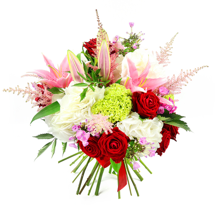 Set against a clean white background, this lavish hand-tied bouquet appears as if it has just been lifted from a workbench in an Epping flower shop, every stem considered and placed with care. The arrangement is generously full, with no gaps, creating an opulent, rounded silhouette that draws the eye first to the deep crimson roses. Their velvety petals spiral inward in perfect classic blooms, suggesting enduring love and passion. Surrounding and supporting them are abundant white, ruffled flowers-possibly large carnations or garden-style roses-forming a soft, pillowy base that adds volume and a gentle, romantic lightness. Rising through this white canopy are several pink lilies; some blooms are fully open with broad, starry petals that curve outward to reveal pale centres and prominent stamens, while others remain in elegantly tapered buds, still tipped with green, heralding fragrance yet to come. At the centre sits a distinctive lime green pom-pom of textured dianthus, its vibrant colour refreshing the composition like a splash of spring foliage along the lanes leading out of Epping towards Theydon Bois. Feather-fine plumes of light pink astilbe extend from the main cluster, giving height and a slightly wild, garden-grown character, softening the edges of the bouquet. Tiny fuchsia and lavender blossoms are scattered throughout, lending depth, contrast, and small flashes of jewel-like colour. Lush, dark green leaves peek around the blooms, framing the flowers and adding natural structure. The exposed stems are neatly gathered and secured with a slim red satin ribbon, clearly marking this as a hand-tied gift ready to present. The bouquet communicates joy, romance, and thoughtful sophistication, perfect for anniversaries, birthdays, or special family occasions in homes across Epping.