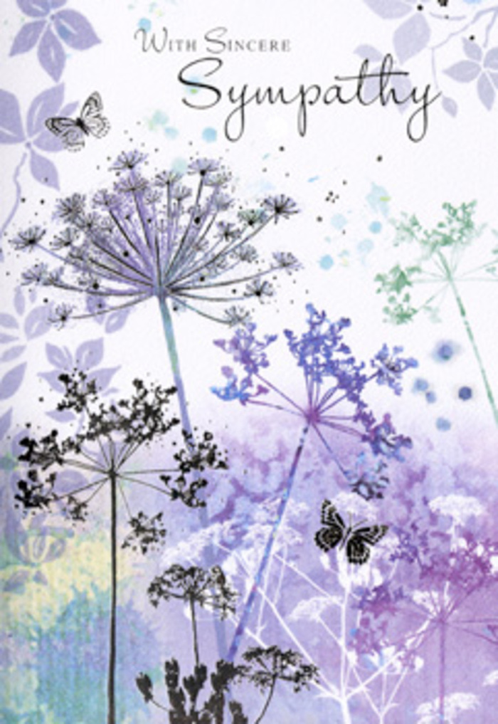 There is a tranquil, almost meditative atmosphere to this sympathy card, like standing on the outskirts of Epping at first light, looking over wildflower fields softened by morning mist. Tall, spindly stems of wild umbelliferous blooms arch gracefully upward, each fine line suggesting the delicate strength of nature. The flowers are drawn in intricate filigree, as though etched by hand, with clusters of tiny blossoms rendered in gentle shades of violet, powder blue, and soft lavender, all resting against a background of blurred, watercolour tones. This backdrop shifts from muted purple to silvery green, reminiscent of distant trees and hedgerows hazy in the early light near Epping Forest. Two butterflies hover lightly above the airy petals, their forms semi-transparent, hinting at hope, continuity, and the quiet presence of cherished memories. The lighting within the artwork feels diffuse and low, with no harsh shadows, only a soft glow that wraps each element in calm. Negative space is used thoughtfully, allowing room for the eye to breathe, much like the wide skies you see over the fields surrounding the town. Although you cannot feel the card itself through this description, its design suggests a smooth, fine-grain finish, chosen to let the subtle washes of colour remain gentle and true. The composition as a whole offers more than a decorative image; it becomes an invitation to pause, breathe, and remember. It suits those in Epping and the neighbouring hamlets seeking a respectful, nature-led way to show support and genuine sympathy during a time of loss.