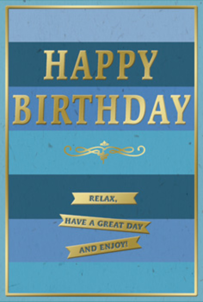 A serenely stylish birthday card is shown standing against a neutral background, its blue and gold design inviting the eye to linger, much like the calm you feel wandering through the quieter streets of Epping on a Sunday morning. The card's entire face is divided into wide horizontal stripes of blue that gradually shift in tone, suggesting layers of sky and sea. Deep navy at the bottom slowly gives way to denim, then lighter, almost misty blues and hints of teal toward the top, the transitions soft and seamless. Anchored in the central area, the words HAPPY BIRTHDAY are embossed in luxurious gold foil, each letter clean and upright, with a refined serif style that adds a sense of occasion. The embossing creates a subtle tactile effect; you can almost sense the raised letters beneath a fingertip, cool and smooth like the rim of a polished vase. Just below the main greeting, a golden decorative flourish sweeps from left to right, its curves delicate and symmetrical, echoing classic stationery or old-fashioned invitations. Further down, three evenly spaced gold banners sit against the blue stripes, each bearing a segment of the message: Relax, have a great day and enjoy! The banners are narrow and slightly elongated, as if shaped from satin ribbon, and their gold matches the gentle glow of the lettering above. A slim gold line traces the outer edge of the card, framing the design as neatly as a florist might frame a bouquet with just the right foliage. The overall impression is calm, thoughtful celebration-an ideal card to accompany locally delivered birthday flowers in Epping, bringing both visual harmony and heartfelt sentiment.