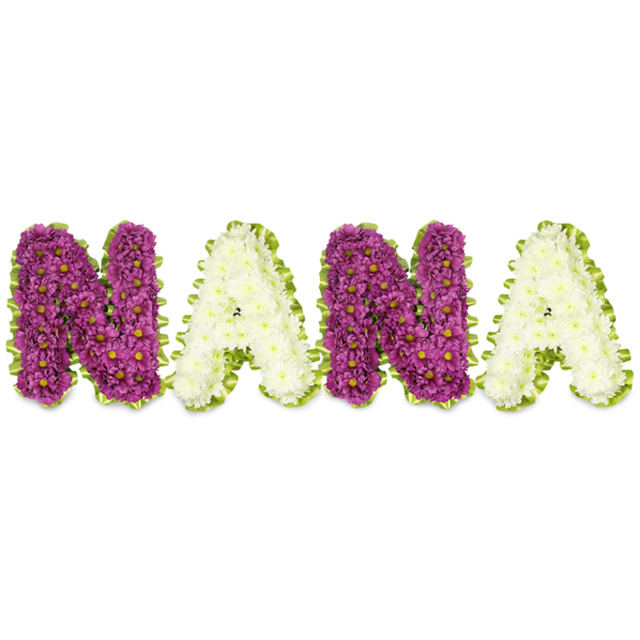 A bespoke funeral tribute pictured here reads NANA in large, three-dimensional floral letters, each letter densely composed of hundreds of chrysanthemum-like blooms and carefully finished with a bright green border. The first N is a luxurious mass of deep magenta or plum chrysanthemums, their compact petals forming a velvety surface punctuated by small yellow centres; directly beside it the first A is built from pristine cream or white chrysanthemums, providing a soft, respectful contrast. That pattern repeats across the second N and final A, so the overall effect is a balanced alternation of rich purple warmth and quiet ivory calm. Each letter's edge is defined by a lively lime-green trim - likely pleated ribbon or closely-placed foliage - that crisply frames the clustered flowers and adds a fresh, natural flourish against the stark white background. Subtle daylight reveals the depth and texture of the blooms; shadows fall into the gaps between heads, emphasising the sculpted, three-dimensional quality of the design. The scent is faint and clean, typical of fresh chrysanthemums, and the tactile impression is one of careful, expert placement. Created for memorial services, wakes, and graveside ceremonies, this arrangement is an eloquent and personal way to honour a grandmother known as Nana. As a local florist serving Epping, Theydon Bois and Loughton, Flowers Epping often creates similar bespoke tributes for families who prefer a legible, traditional sympathy piece - one that reads clearly from a distance yet holds intimate detail when viewed close at hand.