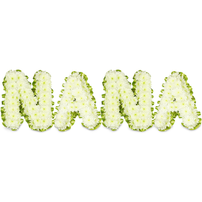 A solemn, lovingly composed sympathy tribute reads NANA in bold, three-dimensional capitals, each letter shaped from tightly clustered white chrysanthemums that create a smooth, textured surface of tiny petals. The flowers are meticulously placed so the letters appear full and tactile, their soft white faces catching the light and throwing subtle shadows into the spaces between blooms, enhancing the sculpture-like quality. Encircling each letter is a vibrant green border of neatly arranged foliage or a pleated satin-like ribbon of leaves, its fresh hue outlining and defining the contours so the name remains instantly legible from a distance. The crisp white and green palette is classic and understated; it conveys purity, peace, and the quiet resilience of memory. Under soft, even lighting the arrangement reads as both personal and ceremonial-a statement of deep respect suitable for services held at local chapels, graveside gatherings in the old churchyards by the High Street, or quiet remembrances beneath the trees of Epping Forest. As a local florist I sense the arrangement's intent: to comfort and to mark a life with grace. The texture suggests a cool, faint floral scent and a tactile softness that invites touch without intruding on the solemnity of the occasion. This tribute's measured design and craftsmanship provide a clear visual symbol of love and loss, offering family and friends a dignified focal point for remembrance and consolation.