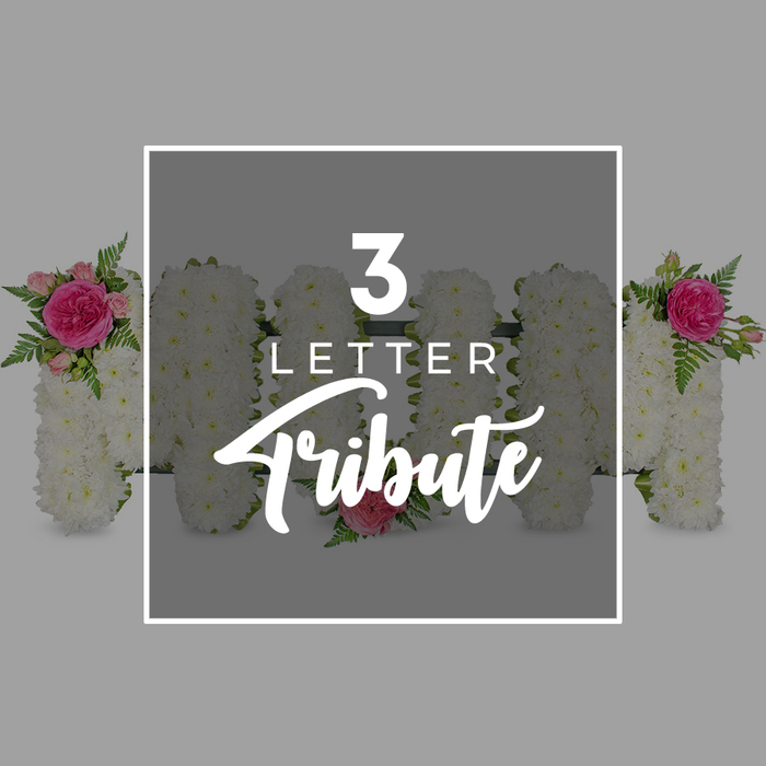 The image presents a calm, dignified composition featuring several large floral letters, captured against a soft grey background that recalls the quiet light of an overcast day over Epping Forest. Dominating the centre is a grouping of standing letter tributes, crafted with the kind of precision and care local florists bring to meaningful funeral work. Each letter form is built from a deep bed of white chrysanthemums, the blossoms densely massed so they appear like a thick, snowy pelt, offering both visual softness and a sense of purity. While the central overlay obscures part of the word, the shapes of the letters are still clear and robust, suggesting the familiar MOM tribute often chosen for mothers and grandmothers across Epping and nearby Theydon Bois. Nestled into key points of the design are clusters of vivid pink blooms-full, open roses with velvety petals, and smaller spray roses in tender pastel shades-carefully tethered into the chrysanthemums. These bursts of pink, accompanied by feathery green fern leaves, bring warmth and a note of celebration to the otherwise white canvas, like cherished memories shining through grief. Over the middle portion of the floral letters, a bright white rectangular frame holds the wording 3 LETTER in a clean, sans-serif type, with Tribute scripted below in a more flowing, elegant style, directly communicating the option of three-letter custom tributes. Along the left and right margins of the photo, the cropped sides of further chrysanthemum letters are visible, echoing the same pink rose and green fern accents, and subtly suggesting the possibility of spelling out names, family roles, or affectionate titles for funeral and memorial services throughout Epping and its surrounding villages. The overall impression is of peaceful remembrance, bespoke craftsmanship, and flowers thoughtfully arranged to speak when words feel difficult.