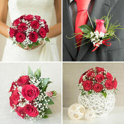 This four-part wedding collage portrays a cohesive red rose and baby's breath theme, much like the coordinated designs often requested for ceremonies around Epping High Street and nearby country venues. In the top-left panel, a bride in a classic white lace wedding dress holds a rounded bouquet that feels both luxurious and intimate. The bouquet is densely composed of rich crimson roses, their velvety petals layered tightly together, wrapped in a cloud of white gypsophila. Hints of glossy green foliage peek through, softening the dome and making the red tones appear even deeper against the light fabric of her gown. Moving to the top-right image, the groom's boutonniere is pinned neatly to a dark grey suit jacket, worn with a bright red tie that mirrors the bouquet. It features a single, carefully chosen red rosebud nestled among delicate sprigs of baby's breath and slender green leaves, accented with a wisp of decorative green grass and a tidy red satin ribbon bow, giving it an effortlessly polished look. In the bottom-left panel, a second full bouquet rests on a light grey textured surface, echoing the bridal design with open red roses, abundant white gypsophila, and fresh green foliage. The stems are gathered and tied with red and white striped string, adding a handcrafted charm that suits relaxed yet elegant Essex weddings. The bottom-right image completes the story with a table centerpiece: a compact dome of vivid roses and gypsophila arranged atop a white woven spherical vase, flanked by two smaller cream lattice balls, creating a contemporary focal point ideal for reception tables in and around Epping.