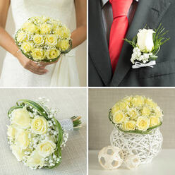 In this photograph, a compact yet luxurious wedding arrangement rests in a woven white vase, evoking the relaxed elegance of a celebration in Epping. At the heart of the design, clusters of soft yellow roses unfurl in full, velvety spirals, each bloom layered with creamy petals that glow in the gentle light. The roses are fitted close together, forming a rounded shape that feels abundant yet calm, like a small sunlit garden brought indoors. Threaded between and around the blooms, loops of slender green grass arc and twist, introducing movement and a modern flourish without disturbing the bouquet's classic character. Fine sprays of baby's breath are tucked delicately between the roses; their tiny white blossoms create a misty halo effect, catching the light like morning dew along the paths of Epping Forest. The white vase has a basket-like texture, with subtle ridges and criss-cross patterns that you can almost feel under your fingertips, grounding the floral softness with a handcrafted, rustic touch. The light in the scene is soft and diffused, perhaps from a nearby window of a local Epping venue, casting a faint shadow that enhances the gentle curves of each petal and blade of grass. The mood is tender and hopeful, perfect for a wedding table near Epping High Street or a reception tucked away in a countryside barn. You can almost sense the delicate fragrance-fresh, green, and lightly sweet-inviting guests to lean closer, to talk, to share stories and laughter around the table.