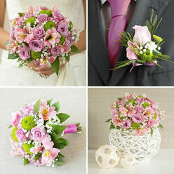 A carefully styled four-panel collage showcases a complete pink and green wedding flower collection, the sort of coordinated set often requested for Epping church weddings and receptions near the forest. In the upper-left image, the lower half of a bride in a lace-trimmed white gown is seen holding a rounded hand-tied bouquet, packed generously with light pink and lavender roses in varying stages of bloom. Bright green button chrysanthemums, dainty stems of baby's breath, and soft pink alstroemeria with tiny yellow speckles weave through the design, with lush green foliage adding depth and contrast so the pastel petals really stand out. The upper-right panel focuses closely on a groom's charcoal grey suit jacket and vibrant fuchsia tie. On his lapel sits a coordinating boutonniere: one elegant pale pink rosebud surrounded by fresh green chrysanthemums, sprigs of gypsophila, and slender decorative grasses, all neatly wrapped and finished with a slim pink ribbon that echoes the bridal bouquet. In the lower-left panel, a similar bouquet-possibly for a bridesmaid-rests lengthways on a neutral beige fabric, allowing a clear view of the fuchsia ribbon binding the stems and the compact, rounded shape that makes it easy to hold throughout the day. The lower-right panel completes the story with a charming table centerpiece positioned on a white surface, ideal for local Epping venues. Here, the same mix of pink and lavender roses, lively green button chrysanthemums, pink alstroemeria, and white baby's breath gathers into a white, woven-look spherical vase, accompanied by two light, decorative orbs, tying every floral detail of the celebration together.
