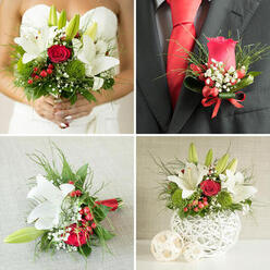 A contemporary wedding table centerpiece sits poised and balanced, perfect for a celebration in Epping's charming venues near the forest or tucked-away restaurants off the High Street. The eye is immediately drawn to a single red rose at the composition's core, its petals rich and velvety, surrounded by a ring of white lilies that open like luminous stars. Each lily petal is smooth and slightly curved, a soft snowy white that catches the light, while pale green throats and delicate stamens add a whisper of contrast. Around these focal blooms, clusters of glossy red berries bring warmth and hints of festivity, nestled beside tiny tufts of baby's breath that look like little clouds woven into the design. Slender, curly stems of greenery twist and arc above and around the flowers, adding playful movement and making the arrangement feel alive, as though gently swaying to the murmur of guests. All of this is cradled in a white woven vase with a basket-like pattern, its texture simple but refined, creating a clean, modern base that would sit beautifully on long banquet tables or intimate sweetheart settings. The colour palette of white, green, and red feels timeless yet fresh, equally suited to a winter wedding near Theydon Bois or a summer evening reception along Station Road. Soft lighting reveals the subtle sheen on each petal and leaf, suggesting freshness and careful, local craftsmanship. The arrangement seems to invite people to gather, talk, and raise a glass, transforming a plain table into a welcoming, joy-filled focal point for the celebration.