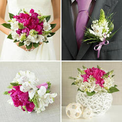 This four-panel wedding collage presents a complete floral story, as if planned for a stylish Epping couple marrying near the forest edge or in a local village church. Each image features the same uplifting mix of vivid fuchsia peonies, pure white alstroemeria, and lively green textures, creating a seamless theme. In the top-left, the bride is partially visible in her strapless white gown, hands gently wrapped around a lush, rounded bouquet. The deep pink peonies, full of layered, velvety petals, form the heart of the design, while white alstroemeria with soft maroon flecks add brightness and a lighter, more delicate petal shape. Fine spires of light green flowers and deep green leaves peek between the blooms, giving the bouquet an energetic yet classic silhouette. The top-right panel zooms in on the groom's dark charcoal suit and lilac-toned tie, showcasing a petite boutonniere on his lapel. White alstroemeria, tiny green accents, and polished foliage are tied together with a narrow lavender satin ribbon, a small yet striking detail that ties his look to the bridal bouquet. In the bottom-left, a smaller hand-tied bouquet rests against a light beige textile, perhaps ready for a bridesmaid walking from Epping High Street to the reception. It mirrors the bridal flowers on a slightly reduced scale, with magenta peonies, white alstroemeria, and fresh greenery bound in a vibrant lavender ribbon wrap. The bottom-right shows a compact centerpiece arranged in a white, crisscross-woven spherical vase, accompanied by three neutral woven spheres. This final image hints at tables laid out for guests, where the pink and white blooms glow softly, tying together every floral element of the day.