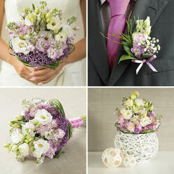 A bridal bouquet in this photograph is captured as though resting for a moment before being lifted to walk down the aisle of a sunlit Epping ceremony space, perhaps in a charming venue tucked near St John's Road. Its shape is gently rounded and inviting, a hand-tied cluster that feels both refined and softly romantic. At the heart of the bouquet, plush white lisianthus bloom in silky layers, their petals curling and folding like fine fabric. Around them, pale hydrangea in muted pastel tones adds cloud-like volume, each floret building a cushion of delicate texture. Sprinkled throughout are playful bursts of lilac allium, their star-like clusters introducing a whimsical touch of purple that catches the eye and gives the bouquet a modern twist. The stems are wrapped neatly, giving a comfortable, reassuring grip, and you can almost sense the subtle sturdiness of the bouquet in the bride's hands. Crisp greenery threads between the flowers, its cool tones providing a fresh contrast to the softness of the petals. Light seems to gather on the blooms, creating a gentle glow that feels both youthful and serene, as though the bouquet has just been brought in from an early morning stroll past the market stalls that line Epping's high street. The overall impression is one of calm anticipation and enduring commitment: a floral symphony designed for wedding photos, aisle walks, and quiet, reflective moments. Each flower appears chosen with care, reflecting personal meaning, seasonal freshness, and the knowledge of a florist who understands the rhythm of local weddings across Epping and nearby villages.
