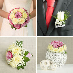 This four-part image presents a cohesive wedding rose collection, the kind of carefully coordinated florals often chosen for ceremonies around Epping, from quiet civil services near the station to grand celebrations on the outskirts by the forest. In the top-left segment, only the bride's torso and hands are visible, her white dress tailored with subtle lace on the bodice that catches the light in gentle, intricate patterns. She holds a round, luxurious bouquet in front of her, composed of cream and pale yellow roses interlaced with richer pink and mauve roses. Small white clusters of baby's breath nestle between the blooms, with hints of glossy green leaves peeking through, giving the bouquet dimension and a soft, romantic halo. The top-right segment focuses on the groom's boutonniere: a single, immaculate white rosebud framed by fine baby's breath and a small spray of greenery, all secured with a neat white satin ribbon bow to the lapel of his dark grey suit. The contrast between his crisp white shirt, bold red silk tie, and the delicate boutonniere creates a polished yet heartfelt impression, like the final finishing touch before stepping into St John's or a nearby registry office. In the bottom-left segment, a relaxed bridesmaid's bouquet rests on a textured beige linen cloth, echoing the bride's flowers with cream and pale yellow roses and accents of bright pink, surrounded by airy white filler flowers and foliage. The stems are wrapped in a pink and white striped ribbon, giving it an approachable, handmade charm. The bottom-right segment showcases a table centerpiece: a tight, rounded cluster of the same roses and baby's breath perched on a sculptural white twig sphere, with two smaller woven orbs placed nearby. Set against a pale, neutral background, this arrangement feels perfectly suited to an elegant Epping reception, perhaps in a converted barn or stylish local venue, marrying rustic textures with refined floral artistry.