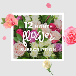 In this image, a generous bouquet of roses represents a full year of floral deliveries, the kind you might look forward to in a cosy Epping home tucked off the High Road. The composition is full and rounded, with roses pressed closely together so that every shade seems to melt into the next: powdery pinks, creamy whites, soft lilacs, and occasional flashes of deeper fuchsia or magenta. Each petal is softly curled, some with that delicate ruffled edge that signals perfect maturity, others still forming a tight spiral at the centre. The roses are anchored by lush green foliage, the leaves layered and slightly overlapping like the canopy paths leading into Epping Forest, giving depth and a feeling of steady, living support beneath the blooms. Light glows across the arrangement in a gentle wash, not harsh, but akin to afternoon sun spilling through a front window in Theydon Bois or North Weald, causing the colours to appear both calm and luminous. Around the bouquet, individual petals and small blossoms drift across a clean, creamy background, creating an airy frame that feels playful yet refined, as if each month of the subscription were being quietly celebrated in confetti. You can almost sense the fragrance: a blend of soft sweetness with a subtle, peppery rose note that would fill a hallway or dining room each time a fresh bouquet is delivered. The overall mood is one of quiet joy and long-lasting thoughtfulness, a floral rhythm that turns ordinary days into gently marked occasions.