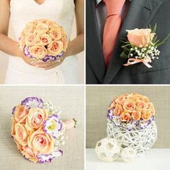 This four-panel image tells a cohesive wedding story in soft apricot, violet and ivory. In the upper-left panel a bride holds a compact, rounded bouquet pressed close to her white dress; the centre is a cluster of lush pale peach roses, surrounded by delicate white lisianthus edged in purple and threaded through with tiny baby's breath, their textures varying from velvety petals to airy, cloud-like clusters. The bouquet handle is concealed by a peach ribbon, its surface interrupted by tiny pearl-headed pins that catch the light like small promises. On the top-right, a groom's charcoal suit bears a matching boutonniere: a single peach rose accented with delicate leafy fronds, baby's breath and a blush ribbon, positioned beside a coordinating peach tie so the floral theme flows from hand to lapel. The lower-left shows a slightly smaller hand-tied arrangement resting on a woven neutral fabric; the composition reads intimate and purposeful, as if prepared for a bridesmaid or a playful toss. Lower-right frames a rounded centerpiece where the trio of peach roses, purple-edged lisianthus and baby's breath sit within an airy white woven vessel, accompanied by two light beige decorative spheres, suggesting table décor for a reception on a warm summer evening. The lighting is soft and flattering, the overall effect calm and romantic, evoking gardens around Epping High Street and the hush before the ceremony - a floral suite crafted with an eye for harmony, texture and gentle scent.