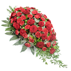 A substantial funeral spray in deep red and green rests visually against a clean white background, its form shaped like an elongated teardrop that widens generously at the upper left before tapering into a graceful trailing tip at the lower right. The entire composition is dense and lush, with fully opened dark red roses taking centre stage, their velvety petals spiralling outward in dignified, classic blooms. Between them, smaller, brighter red carnations add a softer, frilled texture, each layered petal catching the light and making the reds subtly shift in tone, like quiet flickers of memory. The flowers are set into a bed of abundant foliage, where broad, dark green leaves create volume and depth, setting off the red blooms with a calm, grounding presence. Threaded among them are cool, silvery eucalyptus leaves, rounded and slightly frosted in appearance, giving a gentle contrast and a nod to the fresh, woody scents you might notice walking through Epping's green spaces and nearby forest edges. At the lower end, fine strands of lighter green foliage trail down and outward, enhancing the sense of flow and making the spray feel almost like a river of petals moving gently in one direction. The overall mood is solemn yet comforting: a refined, traditional sympathy arrangement that would sit beautifully on a casket or near the front of a chapel during a funeral service in Epping. It speaks of deep respect, remembrance, and the quiet love that remains for someone who has passed, thoughtfully composed with the sensitivity of a florist used to guiding local families through their farewells.