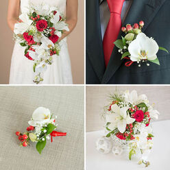 A lovingly composed quartet of wedding florals, each panel layered with sensory detail and a consistent palette of passionate red, pure white and verdant green. In the top-left panel the bride's hands cradle a sweeping bouquet that arcs like silk: open white lilies provide bright, star-like focal points, red roses offer depth with their velvet petals, and white phalaenopsis orchids trail in glossy, architectural tendrils. Interspersed hypericum berries add cheerful red pops while delicate gypsophila threads through the mass of foliage, emitting a faint powdered-sugar scent. The top-right image tightens to the groom's lapel where a single, sculptural phalaenopsis orchid boutonniere is pinned to a charcoal or dark grey jacket; a vivid red tie shown beneath the lapel echoes the berries and ribbon, and small green leaves and baby's breath soften the shape - the craftsmanship reads like a promise of attention to detail one might expect from a florist preparing for an elegant service near Station Road in Epping. The bottom-left close-up of a matching boutonniere laid on a woven beige fabric reveals construction notes: a neat red ribbon loop at the base, careful wiring of stems, and the contrast of smooth orchid petal against waxy hypericum berries. Bottom-right displays a centerpiece in a decorative white woven holder, set against a pale backdrop and surrounded by white spherical ornaments; it mirrors the bouquet's composition and would sit beautifully on a table at a village hall or a small marquee by Epping Forest. The sequence feels celebratory yet composed, smelling faintly of lilies and roses and suggesting local delivery and thoughtful assembly for couples across Epping and nearby villages.
