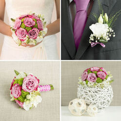 This image shows a beautifully coordinated bridal bouquet and boutonnière, designed with an artist's eye for texture and colour, as if prepared for an elegant ceremony in Epping's churches or a country-style venue on the edge of the forest. The bouquet is round and full, dominated by mauve-pink roses whose petals curl gently at the edges, creating a watercolour haze of blush tones. Between them, vivid green button chrysanthemums peek out like tiny domes of moss, breaking up the softness with playful, tactile detail. Creamy white lisianthus and other pale blooms nestle close, their layered petals folding softly around the roses, giving the whole piece a plush, cloud-like appearance. Delicate greenery threads through the flowers and extends gracefully beyond the edges, adding depth and a natural, garden-gathered feel. The stems are grouped in a neat spiral and tightly wrapped with decorative ribbon, making the handle both polished and comfortable to hold from Epping Station to the reception venue. Light falls gently over the bouquet, catching the edges of the petals and making them glisten as if touched with early-morning dew. The matching boutonnière sits nearby: a single white lisianthus bloom, trimmed with fine grasses and a slender hint of lavender ribbon, understated yet clearly part of the same story. It is easy to imagine this set being worn and carried throughout a joyful wedding day in Epping, the flowers quietly scenting the air and reflecting the hopeful, vibrant spirit of two people promising their lives to one another.