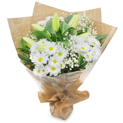 A carefully composed bouquet of white and green, presented upright on a neutral white backdrop, that balances timeless charm with quiet sophistication. The dominant feature is a generous mass of pristine white chrysanthemum heads, each with many delicate petals opening from a warm, pale yellow centre - cheerful yet elegant. Interspersed through this sea of white are tall stems of lilies in a pale green-yellow hue; several buds remain elongated and understated, some with faint striping on their outer petals, suggesting a graceful unfolding to come. Wisps of gypsophila (baby's breath) nestle among the larger blooms, their tiny, cloud-like clusters softening the overall silhouette and adding a whisper of texture. Rich, dark green leaves underpin the arrangement, creating depth and a striking contrast that sharpens the purity of the whites under soft studio lighting. The florist's craftsmanship is evident in the hand-tied gathering and in the choice of wrapping: an inner layer of rustic, crinkled brown kraft paper gives a warm, natural base, while an outer layer of clear cellophane protects the stems and offers a polished sheen; the base is neatly folded and secured to form a stable, portable bouquet. A faint, clean fragrance of green stems and fresh petals accompanies the visual calm. This bouquet - white chrysanthemums, promising lily buds and delicate gypsophila - conveys purity and solace and is versatile for occasions from birthdays to remembrance. Locally crafted for the Epping community, Flowers Epping prepares designs like this for family homes near the station, chapels by St John's, and doorstep deliveries along the High Street.