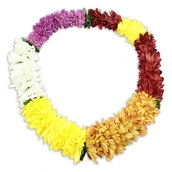 Set against a pristine white backdrop, a single oval lei seems to hover in calm stillness, its tightly packed blooms forming an unbroken ring of colour and comfort. The flowers are soft and full, layered like miniature chrysanthemums or carnations, creating a pillowy texture that invites the hand to rest on it. Starting from the top left curve and moving clockwise, the lei opens with a run of rich purple blossoms that feel thoughtful and reflective, before easing into a pure white segment, cool and peaceful like early mist over the fields outside Epping. This serenity brightens into a cheerful band of mid-yellow, then deepens into a honeyed, golden yellow that suggests the warm glow of late light along Epping High Road. The journey continues into a section of deep maroon and reddish-brown, intimate and grounding, evoking the tones often chosen for quiet tributes and remembrance services at local chapels. A final flash of bright yellow completes the circle, returning the eye gently to the top. Small, dark green separators are tucked between some colour shifts, giving the impression of leaves or binding that hold the garland firmly together. The blossoms appear to be high-quality artificial flowers, each with a consistent hue and plump form, designed to last through ceremonies and repeated use without losing their richness. A faint shadow beneath the lei adds subtle depth, ensuring it stands clearly away from the background. Overall, the image conveys a sense of welcome, honour, and continuous love, much like a floral embrace offered at a farewell gathering or celebration of life in Epping.