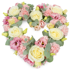 A meticulously crafted heart-shaped floral wreath fills the frame, the pristine white background allowing every pastel detail to stand out clearly, as if seen in soft chapel light. At the core of the design are generous cream and pale yellow roses, their petals layered in tight, elegant whorls that suggest both serenity and dignity. These roses act as gentle anchors within the heart, spaced in an even rhythm that guides the eye around the outline. Between them, clusters of pale pink carnations billow like delicate ruffles, each tiny petal adding texture and a sense of tenderness. Threaded through this softness are richer mauve-pink lisianthus blossoms, their more open, cup-like petals introducing a graceful contrast and a slightly deeper note of colour, much like the way sunset tones sometimes settle over Epping's rooftops. Silvery eucalyptus foliage winds throughout the wreath, its cool, rounded leaves bringing a soothing, almost aromatic presence, echoing the calm of Epping Forest paths after rain. Tiny yellow-green buds catch the light here and there, hinting at new beginnings and the ongoing cycle of life. The heart form is complete and symmetrical, a comforting emblem of love, remembrance, and support. As a design that a local Epping family might order from Flowers Epping for a funeral at a nearby church or crematorium, it feels both personal and respectful. The dense, luxurious flowers offer a quiet, heartfelt message of condolence, holding space for grief while also celebrating a life cherished and never forgotten.