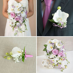 This four-panel collage captures an elegant, coordinated wedding flower collection in soft pinks, purples, and whites, the sort of refined styling often chosen by couples around Epping High Street or intimate barns on the edge of Epping Forest. In the top-left panel, the bride is shown from the shoulders down in a white strapless gown, holding a sumptuous cascading bouquet. The bouquet is lush with open white phalaenopsis orchids, their arching stems and broad petals creating movement, interwoven with blush pink roses, pale lavender flowers, and loose trails of greenery that fall gracefully over her hands. The top-right panel focuses closely on the groom's boutonniere pinned to a dark grey suit lapel. A single white phalaenopsis orchid forms the centerpiece, surrounded by tiny lavender filler blooms and green leaves, all gathered with a narrow purple ribbon that complements the magenta tie seen beneath. In the bottom-left panel, another boutonniere lies on a light beige textured fabric, allowing its detail to stand out. A fresh white orchid bud is paired with dainty sprays of white baby's breath and a few green leaves, finished with a bright pink ribbon that gives a modern, playful twist to a classic design. The bottom-right panel presents a dramatic cascading arrangement in a white woven vase, set on a pure white surface. This arrangement mirrors the bridal bouquet with its white orchids, pink and lavender roses, purple filler flowers, and clouds of baby's breath. Three white woven decorative spheres are artfully placed at the base, completing a sophisticated, romantic display that could easily feature on a top table in one of Epping's charming country wedding venues.