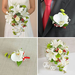 This four-frame image set presents a beautifully coordinated wedding flower story in white, green, and red, the sort of design often chosen by couples marrying around Epping and the nearby villages. The top-left panel centres on a bride, shown from the chest down in a subtly textured white gown, holding a dramatic cascading bouquet against a soft beige background. The bouquet overflows with open, star-shaped white oriental lilies, their stamens clearly visible, while streams of white Phalaenopsis orchids spill downwards like silken ribbons. A single cream rose nestles among vivid green button-style blooms, bright red berry clusters, airy gypsophila, and fine strands of greenery that give the arrangement depth and movement. In the top-right panel, a groom in a dark suit, crisp white shirt, and solid red tie wears a matching boutonnière on his lapel: one flawless white orchid bloom, a small green pompom flower, and delicate white filler flowers, all bound tightly with a slim red ribbon that mirrors the bouquet's accent tones. The bottom-left panel isolates this boutonnière on a beige, linen-like fabric, highlighting texture-the velvet orchid petals, the smooth green leaves, the slight sheen of the ribbon, and the tidy stems. In the bottom-right panel, the bridal bouquet is displayed upright in a white woven basket-style vase on a bright white surface, set against a pale grey wall. Three white wicker-style spheres sit nearby, enhancing the sense of contemporary, understated elegance, ideal for a reception setting at a chic Epping venue. Together, the four images show how bouquet and boutonnière are crafted to echo one another, creating a unified, romantic wedding look.
