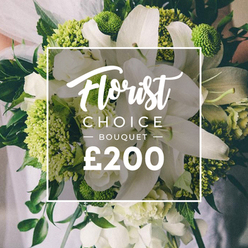 An artful hand-tied bouquet exudes springtime calm in a sunlit corner of Epping. Large white lilies stand as the heart of the arrangement, their petals unfolding with a satin sheen that invites a gentle inhale. They are framed by softly white, multi-petaled blooms-ranunculus or spray roses-whose creamy centers and pale silhouettes add air and romance. The bouquet breathes with generous swathes of lime green textures, perhaps Green Trick dianthus or compact hydrangea clusters, that pulse with modern vitality and light-catching brightness. The stems are gathered with artisanal care, the deep green foliage-eucalyptus or ruscus-creating a lush, structured base that gives the piece longevity and resilience. The overall effect is relaxed luxury: a bouquet that feels both effortless and meticulously planned, perfect for a spring wedding, anniversary, or a celebratory gift. The bouquet is being held by someone wearing light fabric, suggesting a moment of preparation before delivery or presentation, perhaps at a venue near Epping Forest or a boutique in the High Street. In the center sits a white frame with the words Florist Choice at the top and BOUQUET in uppercase, the price ?200 anchors the sense of premium gifting. This is a statement of craftsmanship from Flowers Epping, crafted to travel with freshness to your recipient, with options for same-day delivery across Epping and neighbouring towns, ensuring the gesture arrives as thoughtfully as the moment itself.