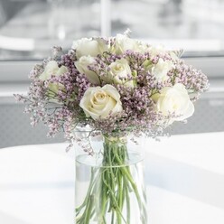 In this photograph, a graceful, rounded bouquet of creamy white roses and airy lilac statice rests in a tall, clear glass vase, drawing the eye to its calm, understated elegance. The roses are the undeniable focal point: about a dozen blooms in a soft ivory shade, each one just beginning to unfurl, with petals that look plush to the touch and layered like fine silk. They form a harmonious dome, evenly spaced yet natural, as though they have settled into the perfect position on their own. Threaded between the roses are countless small heads of pale lavender statice, their tiny, star-like flowers adding a cloud of colour and feathery texture. These lilac clusters create a sense of movement and lightness, a gentle contrast to the solid, velvety roses. The stems, seen clearly through the cylindrical vase, are a vivid, healthy green, trimmed neatly and arranged in fresh, sparkling water. The vase stands on a pristine white surface that reflects some of the light, giving the composition a polished, modern feel-something you might see on a breakfast bar in a bright Epping kitchen or on a reception desk in an office near Epping High Street. Behind the bouquet, the background is softly out of focus, suffused with natural daylight that highlights each petal edge and the subtle shading within the blooms. The overall mood is one of poised simplicity and quiet joy, making this arrangement suitable for a wedding morning, a thoughtful thank-you, or same-day delivery as a gentle gesture of support to someone in the local Epping community.