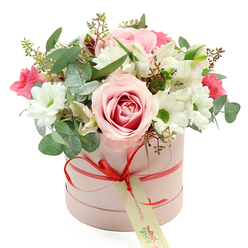 An elegant pastel hatbox arrangement is showcased against a spotless white background, like a still-life captured in the soft daylight that filters through homes around Epping. The box itself is a gentle, powdery pink cylinder with a velvety matte surface, wrapped at the base with a slim coral-red satin ribbon that forms a tidy bow at the front. From this bow hangs a small, cream-coloured gift tag with graceful green writing, hinting at a personalised message and local delivery rather than a mass-produced bouquet. Above the rim of the hatbox, flowers spill out in a full, rounded dome, every stem placed with intention. A prominent pale pink rose with a deeper pink spiral at its core anchors the composition, its petals plush and layered, suggesting quiet romance. Surrounding it are clean white chrysanthemum blooms, daisy-like with bright green centres that lend a fresh, modern contrast. Interlaced among them, white alstroemeria stretch their trumpet-shaped petals, each one dusted with fine speckles that add subtle detail. Deeper pink accents-clusters of fuchsia-toned flowers, perhaps spray roses or lisianthus-punctuate the design, bringing energy without disturbing the softness. Eucalyptus leaves in a cool silver-green arc gently through the bouquet, joined by darker green foliage and fine stems tipped with tiny green buds, creating texture reminiscent of the wild greenery found along the edges of Epping Forest. The arrangement feels balanced and calm, an ideal gift for birthdays, anniversaries, or heartfelt thank-yous, and the hatbox format makes it perfect for elegant flower delivery to homes and offices across Epping and the surrounding villages.