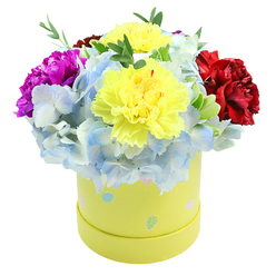 I arranged this hatbox with the kind of colour conversation that lifts a room: a round, pastel-lime yellow gift box, speckled with tiny pastel dots, cradles a domed bouquet that spills just enough to feel abundant without losing its neat silhouette. Two fluffy yellow carnations sit proudly in the centre, their ruffled edges catching light like soft tissue paper and radiating warmth. Enveloping them are clusters of delicate periwinkle hydrangea, the petals layered so closely they read like a soft fabric-each floret carries a pale blue to white gradient that cools and calms the palette. A bold magenta carnation leans to the left, intensely saturated and velvety, while a velvety scarlet-red carnation anchors the right side, giving the arrangement weight and a classic romance. Small sprigs of fresh green foliage weave between flowers, adding a crisp, leafy contrast and a whisper of natural scent. The pastel dotted box lends a playful, almost Easter-like charm, making the arrangement ideal for baby showers, birthday surprises, or a cheerful pick-me-up for someone recovering at home. As a florist working around Epping Forest and the local market, I often choose this combination when clients ask for something bright yet refined-a bouquet that reads as both celebratory and thoughtfully composed. The lighting in the photo is soft and even, bringing out the carnations' sculpted petals and the hydrangeas' cloud-like texture, resulting in a picture that feels intimate and carefully styled.