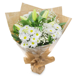 A graceful bouquet of white and green flowers is captured upright against a clean, white backdrop, giving the arrangement a calm, almost contemplative presence. Most prominent are the daisy-like white chrysanthemums, their generous petals arranged in tight, symmetrical layers around luminous yellow-green centres that bring a subtle, cheerful glow to the design. They sit closely together, forming a soft, plush dome of blossoms that feels both comforting and familiar. Piercing gently through this cushion of white are several elongated lily buds, still closed, their smooth, pale green outer petals tinged with cream and white at the tips. These buds reach upwards with gentle curves, hinting at future blooms and symbolising hope and new beginnings, a sentiment often chosen for sympathy and condolence flowers in Epping. Fine trails of white baby's breath are woven between the larger flowers, each tiny floret like a whisper of cloud, adding airiness and lightness to the composition. Surrounding the blooms, deep green foliage spreads out in glossy, tapered leaves, the rich tone framing the white blossoms and giving the whole bouquet a fresh-from-the-garden feel, as if gathered from a hidden corner near one of Epping's quiet residential lanes. The stems are wrapped in a layer of rustic brown kraft paper, slightly rumpled to show its natural texture, then encased in clear cellophane that gathers neatly at the base. The wrapping feels both simple and refined, much like a thoughtful, hand-delivered bouquet arriving at a home near Epping High Street. The overall mood is one of quiet sympathy, gentle remembrance, and tender support during difficult times.