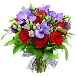 Vividly modern yet richly romantic, this bouquet stands out against a pure white background as a statement of craft and colour. The design centers on velvety red roses and purple Vanda orchids, their broad petals speckled with darker lilac and set among lisianthus in lavender tones. Fresh green buds punctuate the arrangement, while the greens-broad, glossy leaves and slender, eucalyptus-like sprigs-provide a lush backdrop that gives the bouquet depth and texture. The stems are neatly gathered at the base and bound with a striking dark mesh ribbon, a contemporary finish that elevates the piece without stealing its drama. This composition feels tailored for celebrations big or small: a grand anniversary, a luxurious birthday surprise, or a dramatic centrepiece for a dinner table. Crafted by a skilled florist from the Flowers Epping team, it travels well and arrives with maximum impact for recipients in Epping, Loughton, or nearby districts, with same-day delivery across town. Its bold contrast, tactile textures, and refined form speak to a modern romance grounded in local flair and professional care.