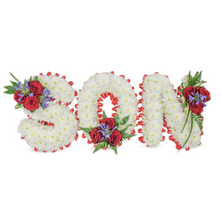 This lovingly crafted memorial display spells SON in three sculpted letters, each formed from a thick, even layer of small white spray chrysanthemums that create a rounded, cushiony texture across the faces of the S, O and N. The perimeter of every letter is carefully outlined with a bright red satin ribbon, pleated into a scalloped edge that both contrasts and contains the white blooms, giving the lettering a formal, refined silhouette against the stark white background. Three floral clusters punctuate the composition - a grouping set into the upper-left curve of the S, a compact spray nestled inside the bottom-centre of the O, and a trailing cluster positioned at the upper-right of the N. Each cluster pairs several deep crimson roses with tall, spiky blue-purple accents (reminiscent of Liatris) and rich dark-green foliage, including delicate fern fronds that soften the arrangement and offer gentle movement. The scent is subtle: cool chrysanthemum freshness undercut by the warm, velvety perfume of roses. The lighting is soft and diffuse, chosen to preserve the dignity of a funeral piece while allowing the red trim and blue accents to sing against the white. As an experienced Epping florist I designed this tribute with the care families expect for services at nearby chapels and community halls or for placement on a graveside by Epping Forest; it reads as both a personal nameplate and a timeless symbol of purity, love and mourning. Available through Flowers Epping for local arrangements and respectful delivery, it offers comfort and a clear visual statement of remembrance.
