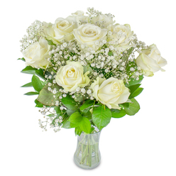 This elegant vase arrangement features roughly twelve immaculate white roses paired with delicate sprays of baby's breath, set against a clean white backdrop to keep attention on texture and form. The roses range from softly opening buds to fully unfurled blooms, each petal with a satiny cream tone that catches light like powdered silk. Wisps of Gypsophila nestle between the larger heads, their tiny, cloud-like flowers creating an ethereal, almost luminous halo that lifts the composition and gives it air. Surrounding foliage shifts from deep emerald to a lighter, almost lime green, the leaves broad and glossy, offering a fresh structural frame that emphasizes the clarity of the whites. A simple clear glass vase reveals the neat, green stems and water level, underscoring the freshly gathered nature of the stems and the care taken in trimming and support. The lighting is soft and natural, reminiscent of the gentle morning light that filters through Epping's market awnings, imparting a peaceful atmosphere and a barely-there floral perfume. From a florist's perspective, this arrangement is a study in restraint and balance-perfect for milestone anniversaries, understated weddings near St Thomas' Lane, or as a calming sympathy bouquet delivered across Epping and surrounding parishes. Its language is one of quiet celebration and solace, an inviting, composed presence that feels thoughtful whether placed on a mantel, beside a bedside, or handed to someone on a significant day.