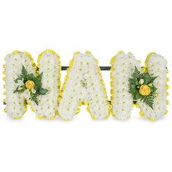 This lyrical tribute honours a cherished grandmother with a gentle, comforting presence-three capital letters spelling MAM, each densely formed from small white chrysanthemum sprays that ripple like soft clouds. The chrysanthemums' clean whiteness creates a secure, tender backdrop, while mellow yellow roses at each end are left slightly furled so their scent and warmth feel intimately reserved rather than bold. Interlaced among these focal roses are delicate white freesia or similar small white buds whose subtle perfume lifts the arrangement with a fresh, green-mineral note; tiny bright green leaves and sprigs of fern add texture, movement and the reassuring suggestion of new growth. Every letter is edged with a bright, pleated yellow ribbon that crisply defines the silhouette and provides a sunlit outline against the cool white of the chrysanthemums. A narrow dark support bar behind the upper sections makes the piece stable for display at a funeral chapel, graveside, or on an easel in a family lounge. Visual balance and meticulous wiring reveal the hand of a florist who understands how to combine dignity with warmth-this is a bouquet that invites memory: afternoon tea conversations, a laugh shared under the trees at Epping Forest, the quiet comfort of a grandmother's embrace. Presented on a plain white background, the colours read with tender clarity. The arrangement conveys solace and gentle joy, a personal and appropriate floral language for farewell and remembrance that feels both familiar and elegant to families across Epping and nearby villages.
