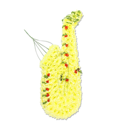 A lovingly detailed floral saxophone stands tall against a crisp white background, its form captured so precisely that at first glance it could almost be a real instrument. The body is entirely built from tiny, sunny yellow chrysanthemum heads, tightly packed to create a plush, almost cushion-like texture that runs from the imagined mouthpiece down to the flared bell. Their petals, layered and feathery, lend a soft glow, as though the piece is lit by gentle daylight from a studio window somewhere near Epping Station. Dotted across this golden surface, small deep red rosebuds play the role of keys and buttons, each rose carefully nestled into the yellow, offering rich contrast and a sense of rhythm and movement. Around the outer curves, fine threads of green foliage loop and twist, especially along the elegant bend of the neck and the lower sweep of the instrument, mirroring metal tubing with a more organic, living line. A few delicate wire stems emerge subtly from the top where the mouthpiece would be, hinting at both the saxophone's reed and the unseen framework that holds this sculptural tribute in place. The overall feeling is one of tender celebration and remembrance, a custom funeral flower arrangement that might be chosen for a jazz lover, band member, or music teacher from the Epping community. In the quiet simplicity of the white background, the yellow and red flowers become a vivid, heartfelt final song, suitable for a memorial service at a local Epping chapel or crematorium.
