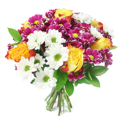 A lush, mixed bouquet fills the frame against a snow-white background, every bloom standing out with crisp clarity as if freshly arranged in a local Epping flower shop. The design is full and rounded, with no gaps, giving a sense of abundance and care. Dominating the composition are several large roses that blend golden yellow at their centres with glowing orange and faint red-orange along their outer petals, each bloom opening in a soft spiral that suggests warmth, gratitude, and quiet celebration. These roses are surrounded by white daisy-style chrysanthemums, their clean, flat petals radiating around electric lime-green centres that lend a refreshing, almost zesty note to the palette. Intermingled throughout are clusters of smaller magenta and fuchsia chrysanthemums, their densely layered petals forming cushioned heads with yellow-green cores that echo the tones of the daisies and add a rich, jewel-like depth. Dark green foliage, likely ruscus or similar leafy greenery, threads between the blossoms, giving the bouquet structure and a natural garden feel, like something that might brighten a home near Stonards Hill or just off Epping High Street. At the bottom, the neatly gathered stems fan out slightly, clearly visible against the white ground, freshly cut and tightly bound as in a hand-tied bouquet ready for delivery. The arrangement radiates joy and optimism, suitable for celebrating new beginnings, anniversaries, or simply sending a thoughtful "thinking of you" gesture across Epping and neighbouring areas, while the bright mix of yellow, orange, white, and magenta keeps the mood uplifting and versatile.