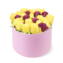 Across Epping, this sumptuous bouquet rests in a round, pastel pink gift box with a soft, matte texture. The box occupies the lower portion of the frame, its curved form cradling a dense, domed cluster of about 30 to 40 roses. Most of the blooms blaze with bright, sunny yellow, their petals just unfurling to reveal the first hints of fragrance, warmth, and sunlight. Interspersed throughout are deep burgundy or purple roses, offering a regal counterpoint that adds depth and luxe to the arrangement. The composition feels plush and deliberate, the blooms packed tightly enough to convey abundance yet arranged with an artist's restraint to keep each blossom visible. The box's pale-pink color and the clean white background work together to emphasize the bouquet's modern elegance. This is a gift that speaks of celebration, friendship, and affection, ideal for milestone moments or a generous surprise to uplift someone in the town of Epping. It evokes strolls along the Market Street, a breeze from Epping Forest, and the soft hum of a Sunday morning in the neighbourhood. The arrangement is designed with practicality in mind, arriving fresh for same-day or next-day delivery across Epping and surrounding villages, while the round, soft box invites a gentle touch and a sense of premium care. In the hands of a skilled local florist, this bouquet becomes more than flowers-it becomes a thoughtful message, a quiet pledge of warmth delivered to a doorstep in Epping.